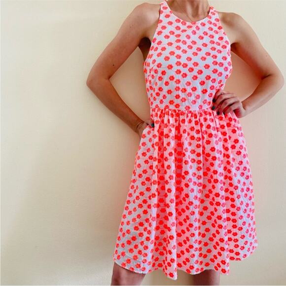 J. Crew White Neon Pink Embroidered Floral Racer Dress A5586 Size 10 Fit Flare - Picture 12 of 12